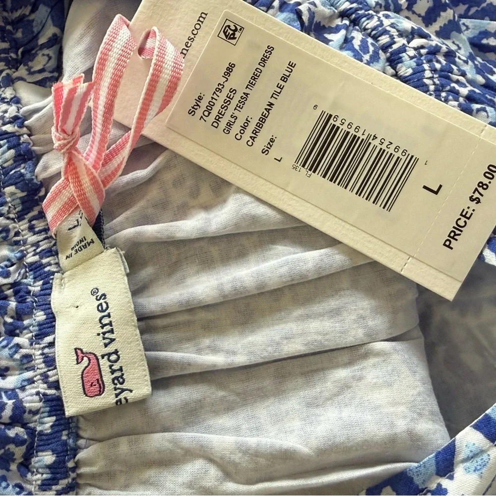 NWT Vineyard Vines Girl's Tessa Tiered Dress Size Large(16) Carribean Tile Blue